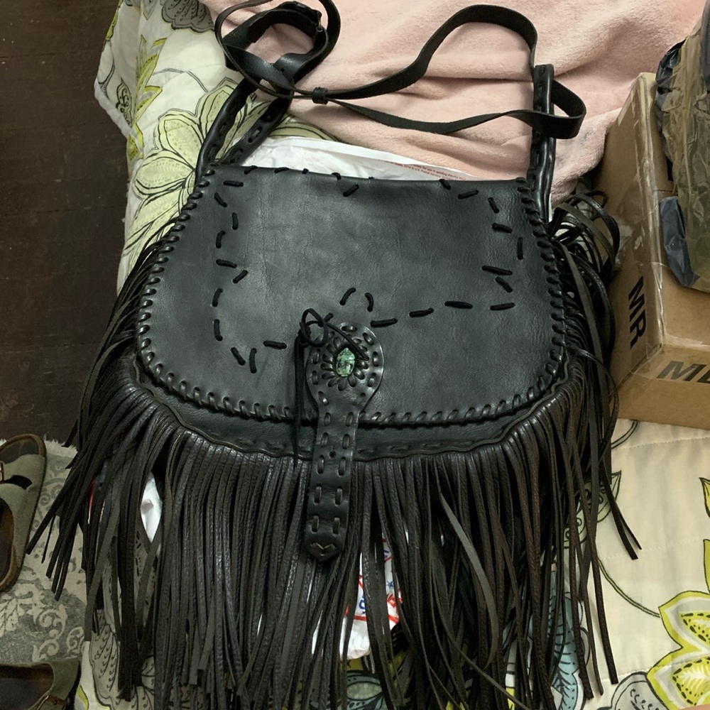 Black leather fringe purse